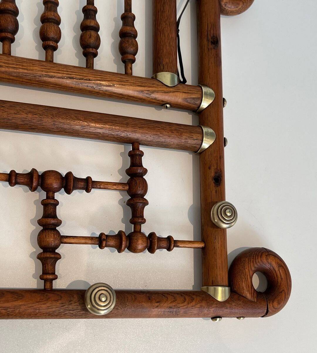Curved Wooden and Brass Wall Coat Rack, Arts & Crafts, Austria, glass