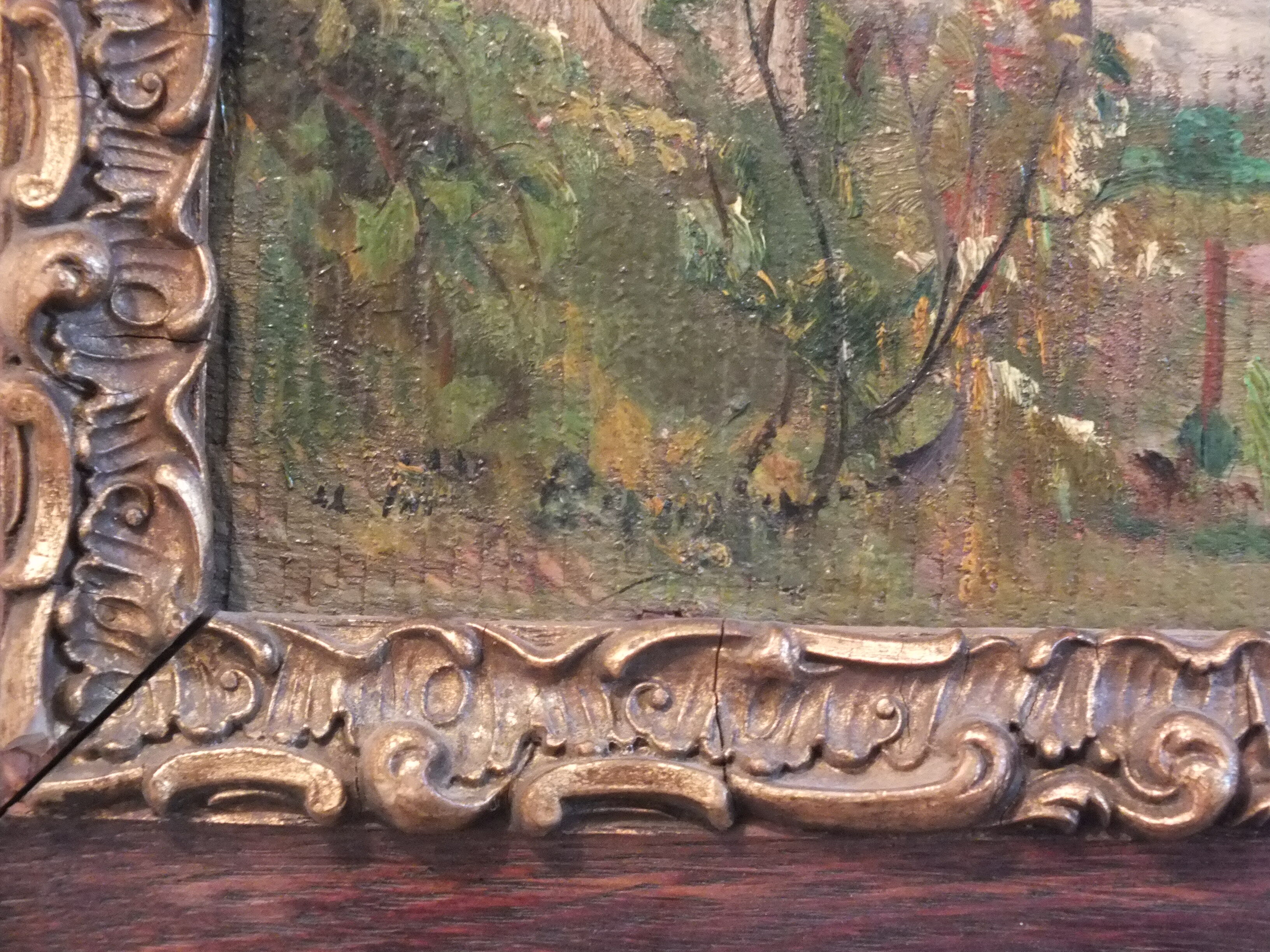 Oil painting on framed landscape panel signed J or F Muller