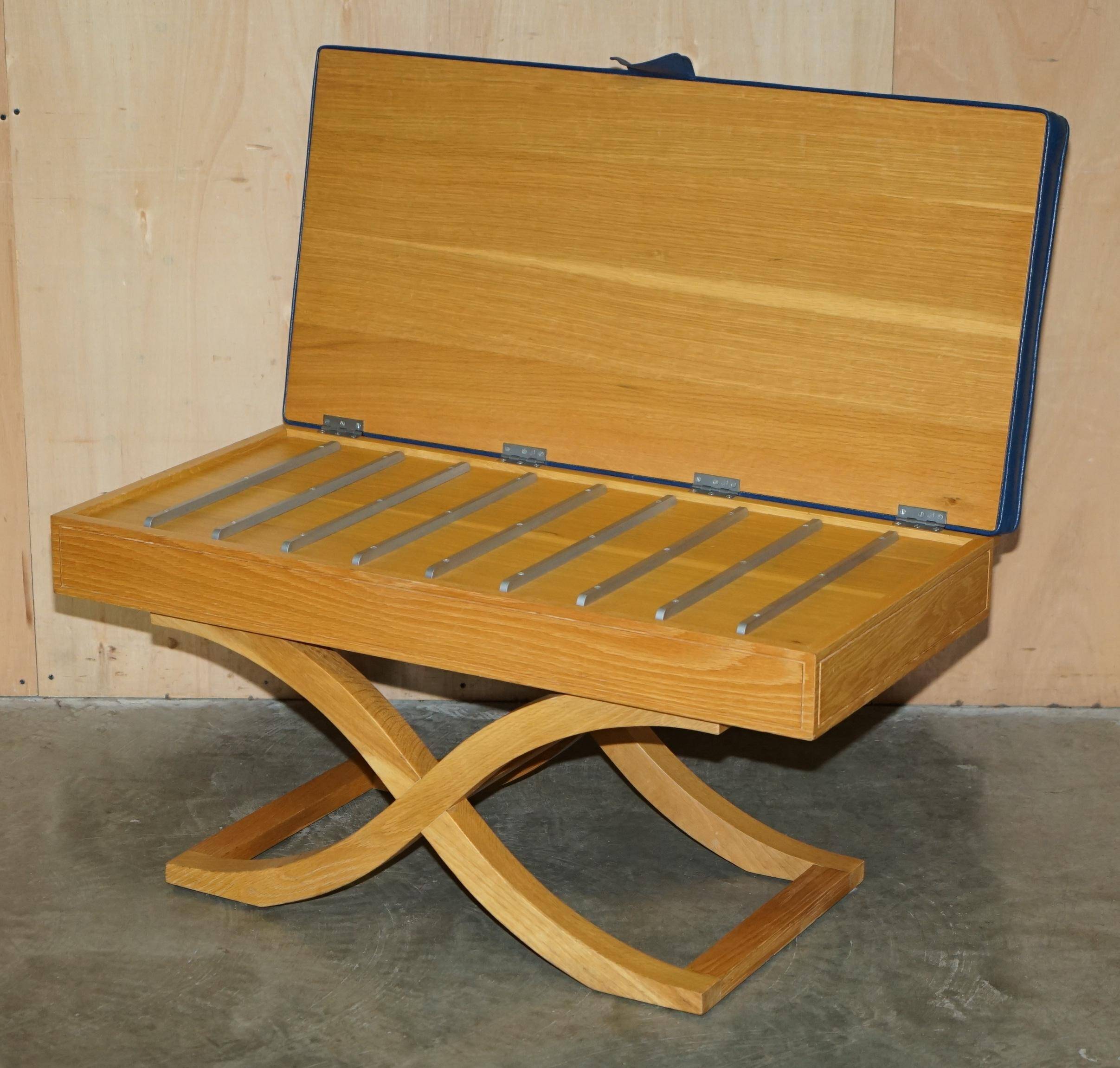 David Linley Hall bench in ostrich leather and satinwood with storage.