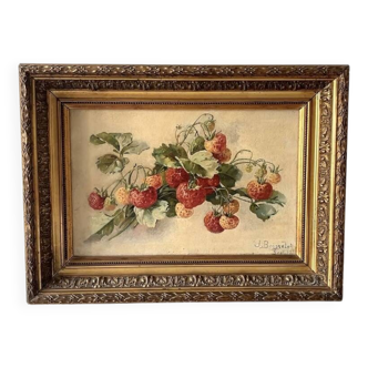 Oil on canvas of a still life with strawberries 1911, antique framed painting