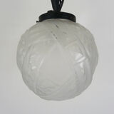 Art Deco hanging lamp in wrought iron Fournet and globe in glass paste
