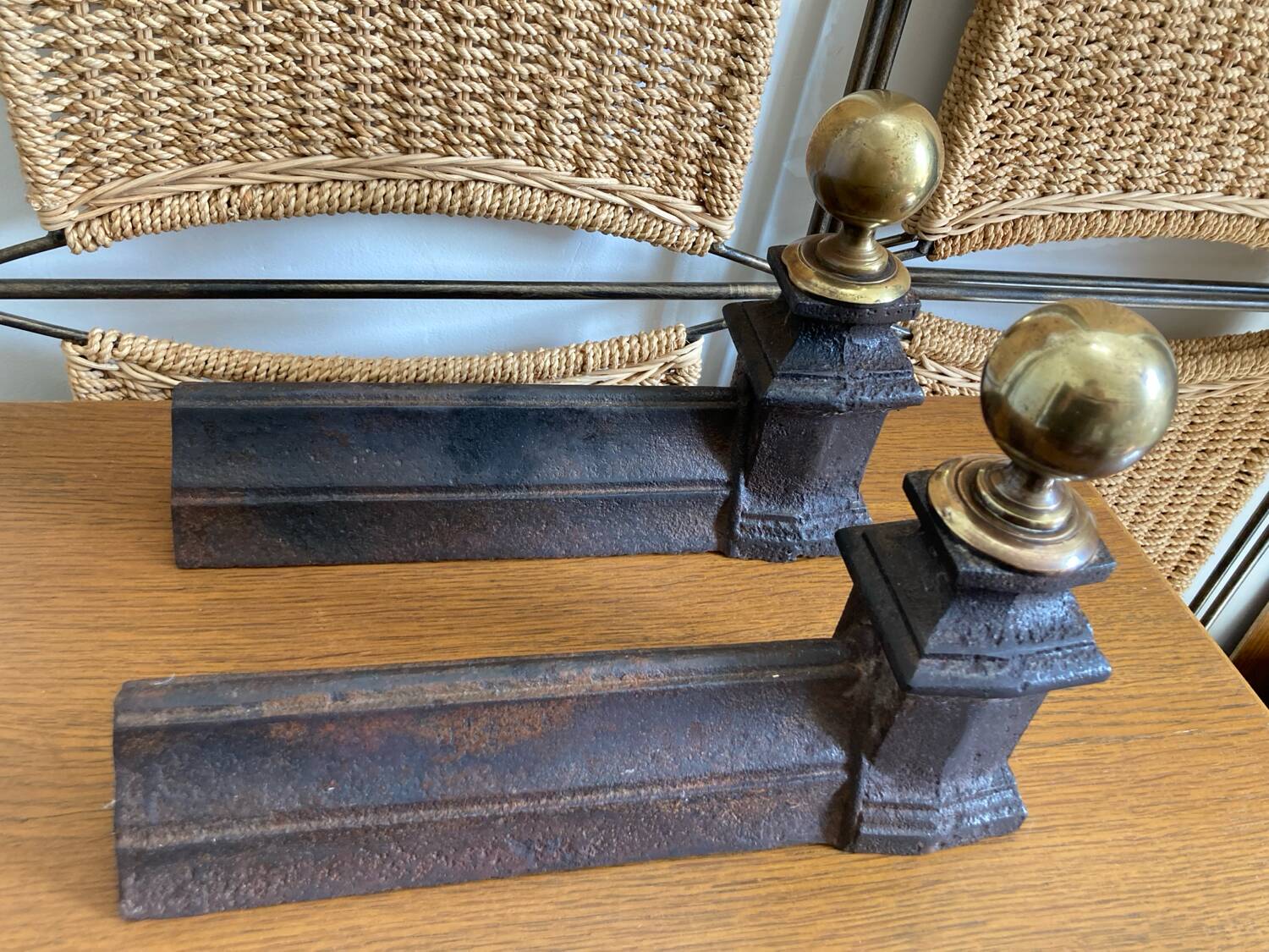 Pair of antique bedside tables in cast iron and brass