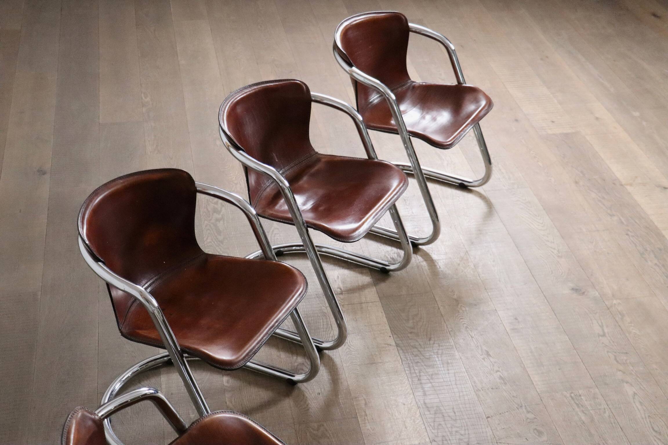 Set of 6 tubular chrome and saddle leather dining chairs for Metaform, 1970