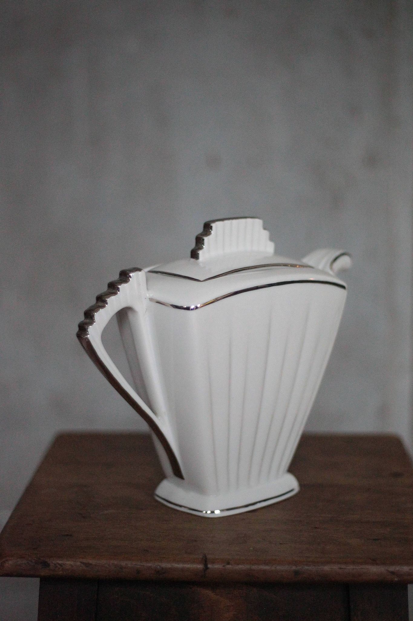 Art Deco porcelain teapot in a fan shape, Limoges porcelain coffee pot