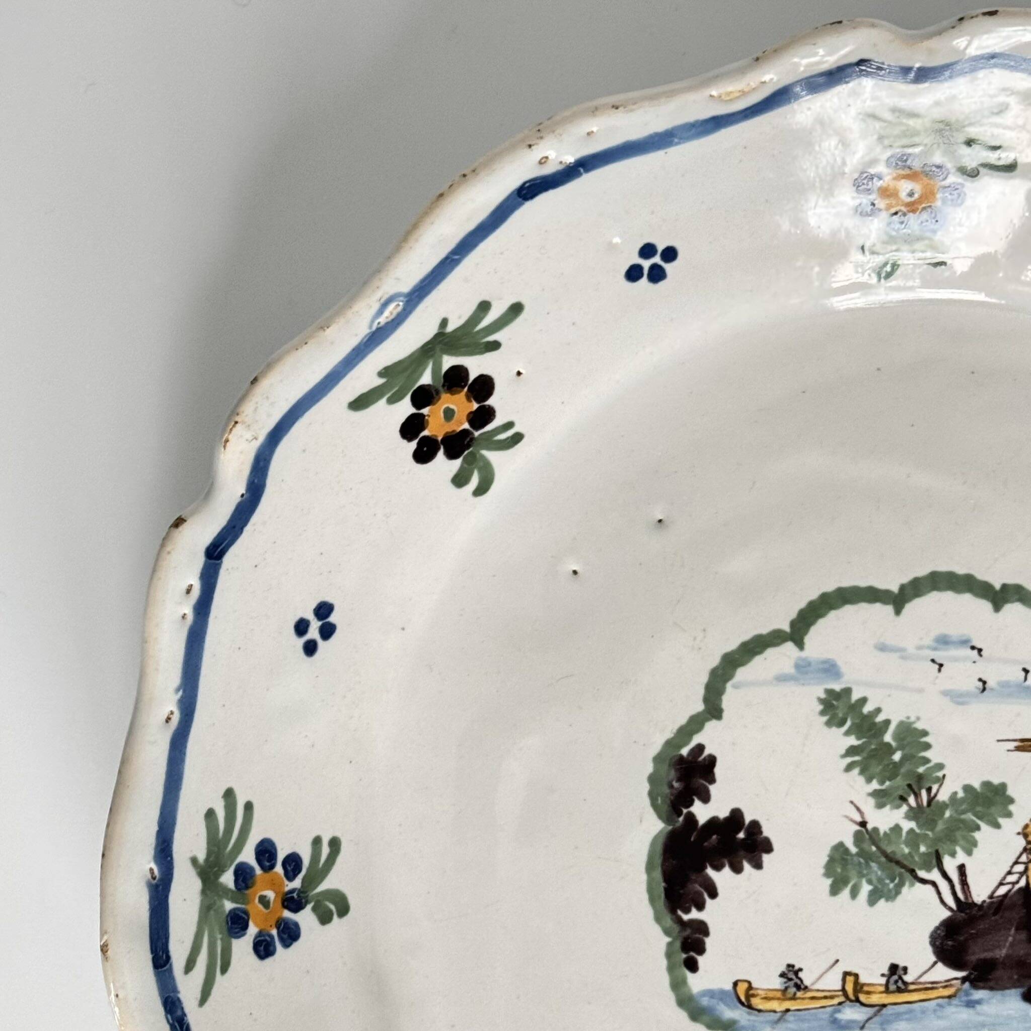 18th Century Nevers Earthenware Plate | Windmill and River