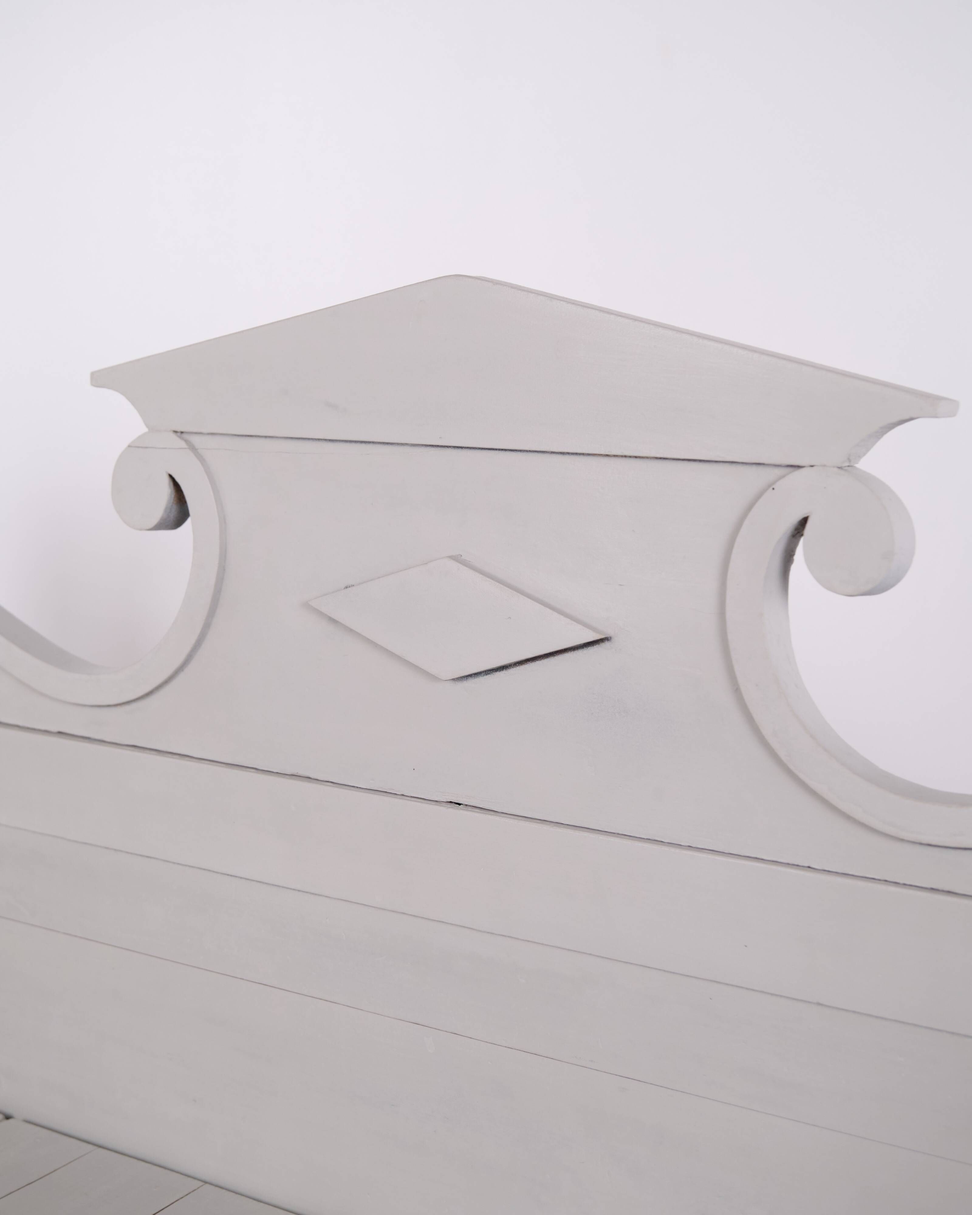 Antique storage bench with carvings – grey painted – pine wood – 1860s