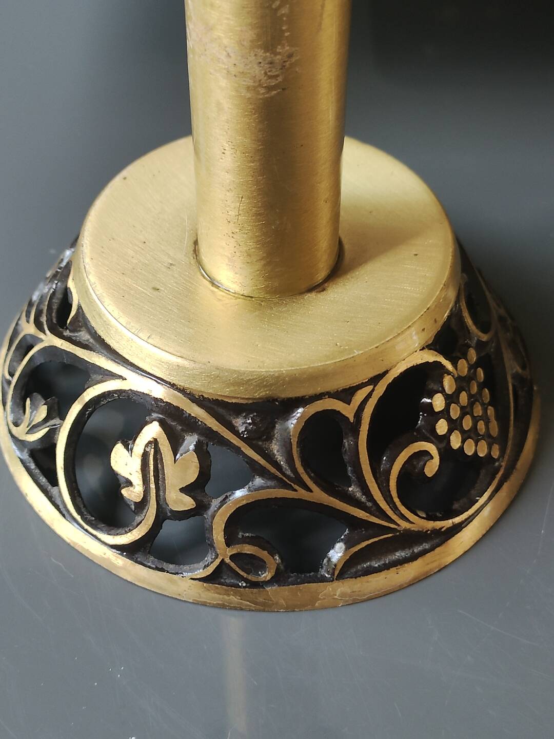 Pair of Hebrew Candlesticks. In antique gold-plated brass. Signed FFS Israel