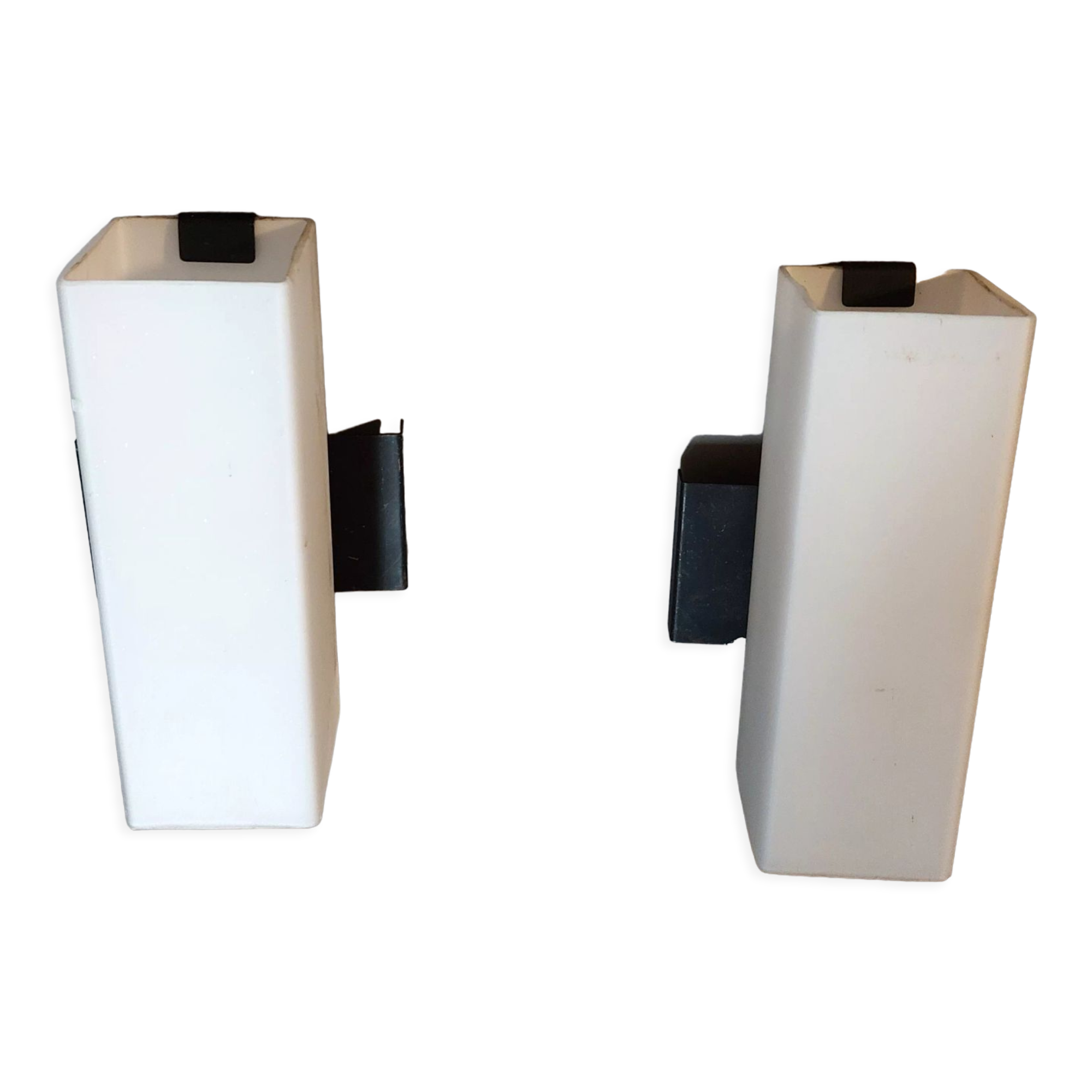 Pair of modernist sconces in black metal and white opaline vintage
