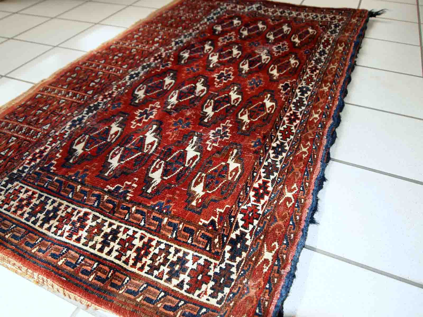 Ancient turkmen yomud handmade carpet 70cm x 118cm 1900s, 1c725