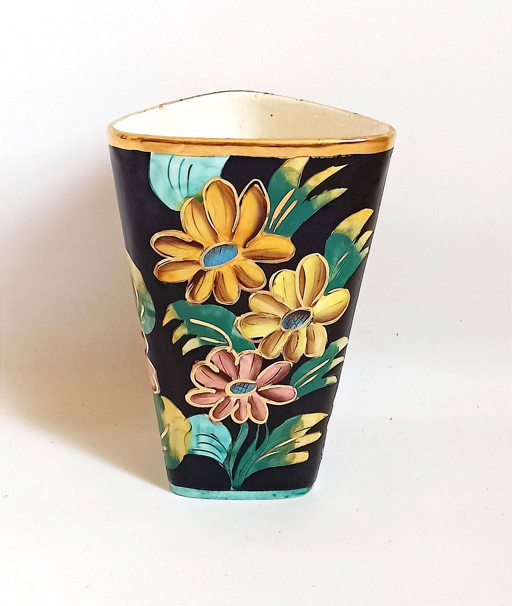 Vase Vallauris Monaco décor floral Hauteur 25,3 cm