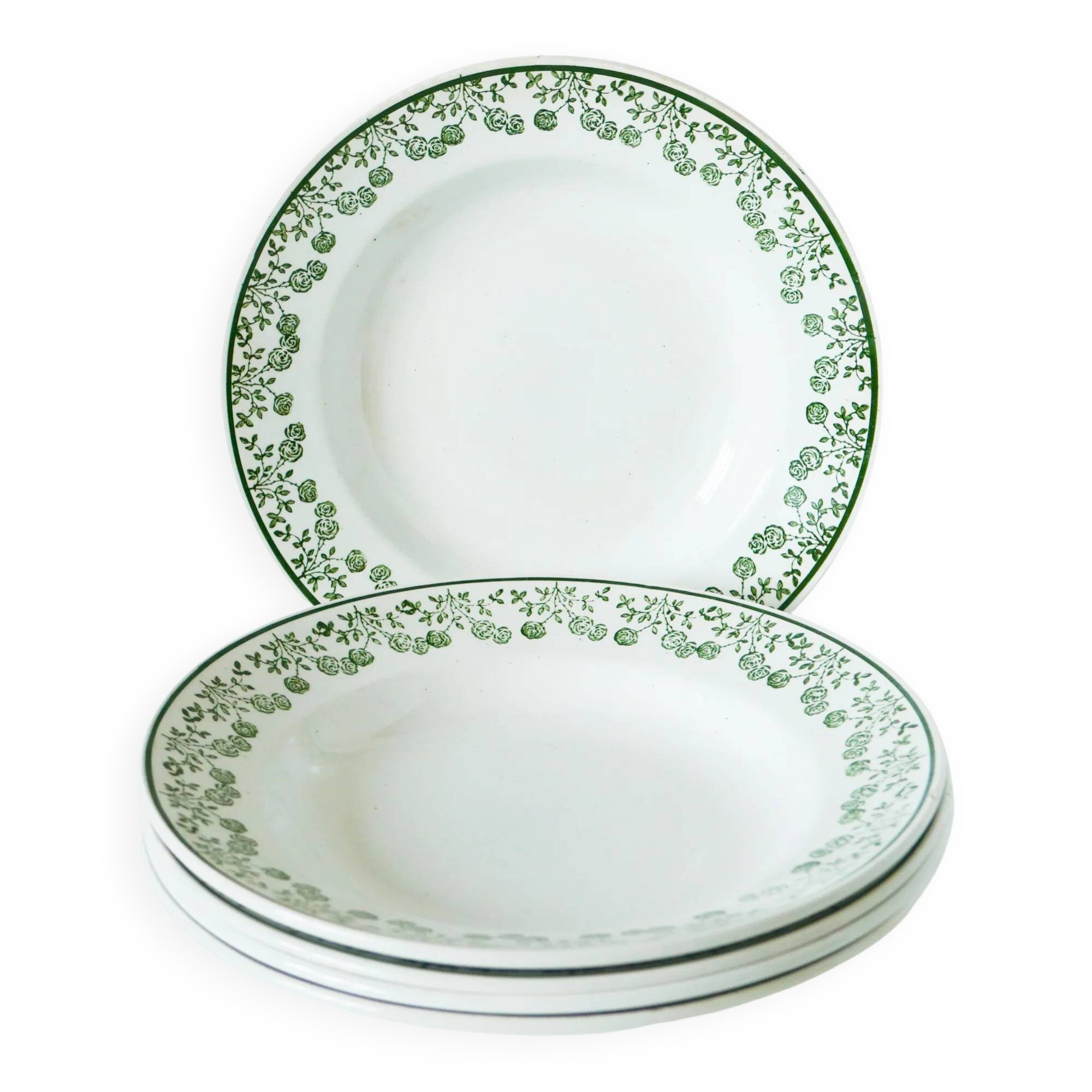 Set of 5 soup plates with floral border, green, St Amand, 1950