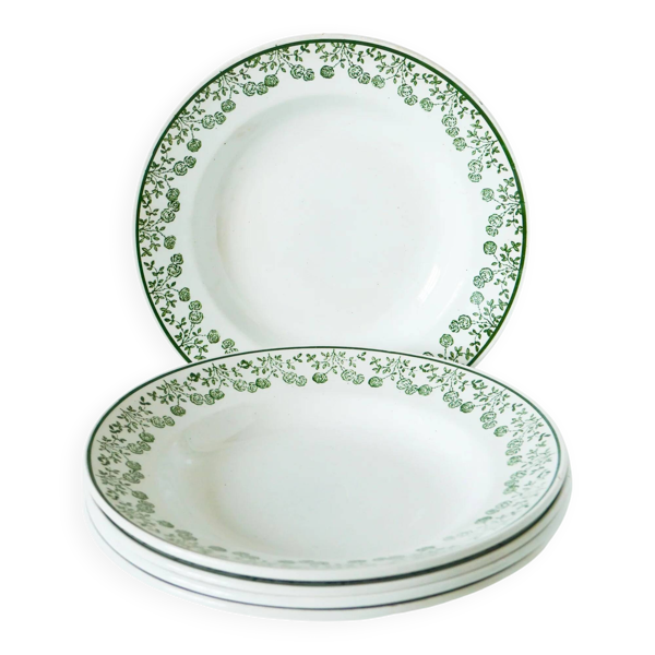 Lot de 5 assiettes creuses à liseré à fleurs, vert, St Amand, 1950