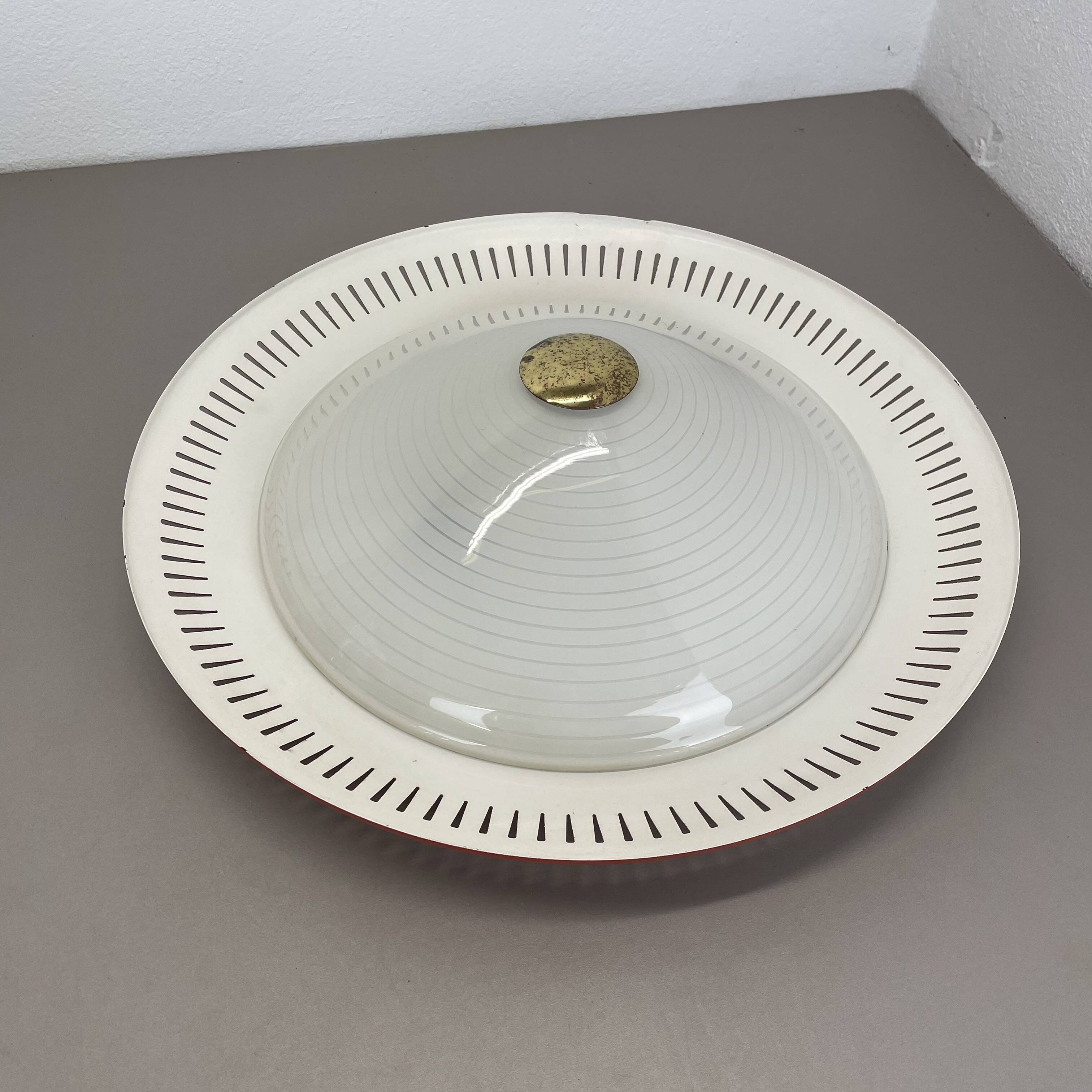 Modernist Stilnovo Style Metal glass Ceiling Flushmount Light, Italy 1950s