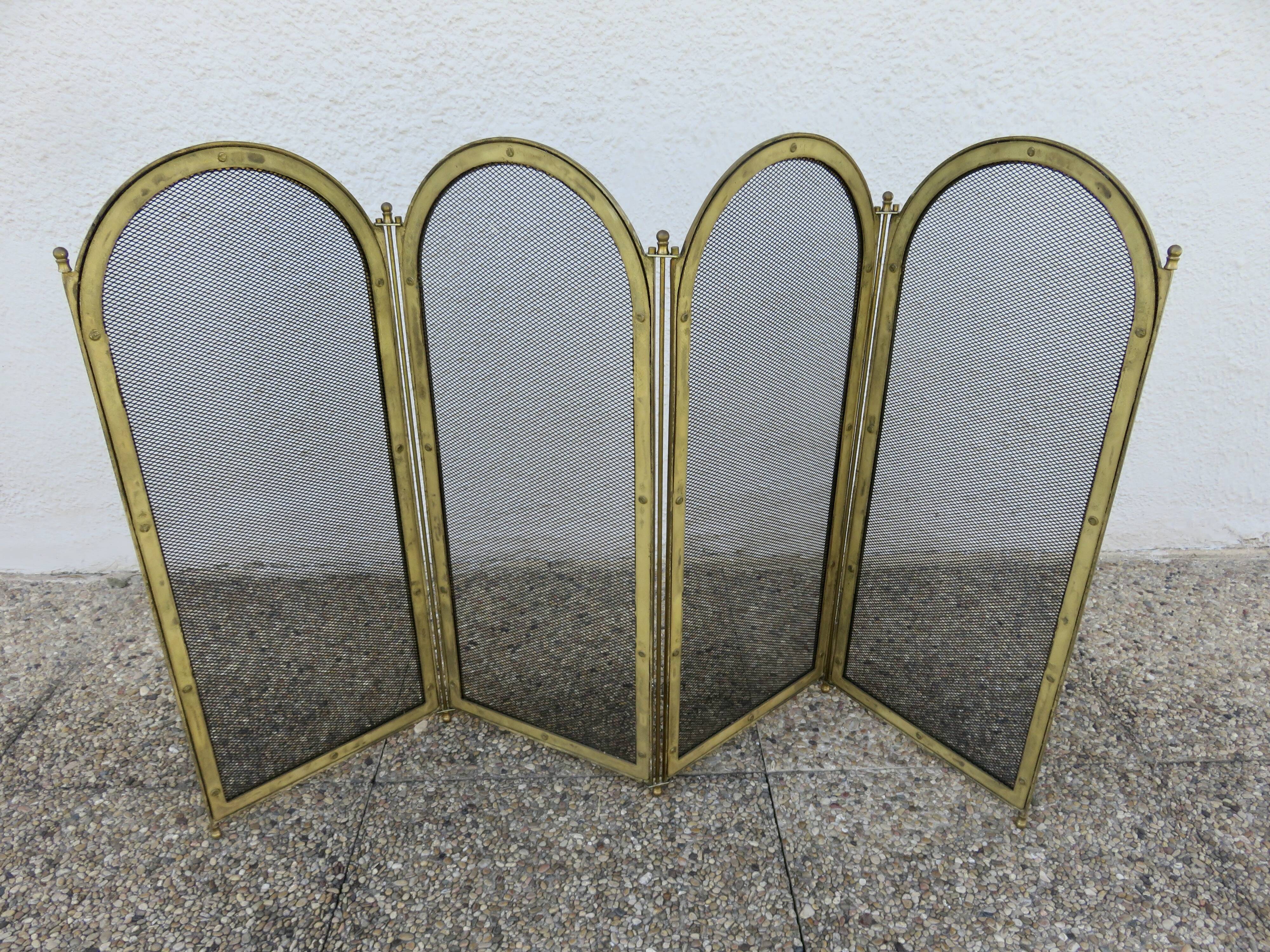 Fireplace screen, spark guard, brass, gilded, 4 panels, 1950.