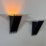 Pair of vintage wall lights, black lacquered metal and glass, SCE France 1980