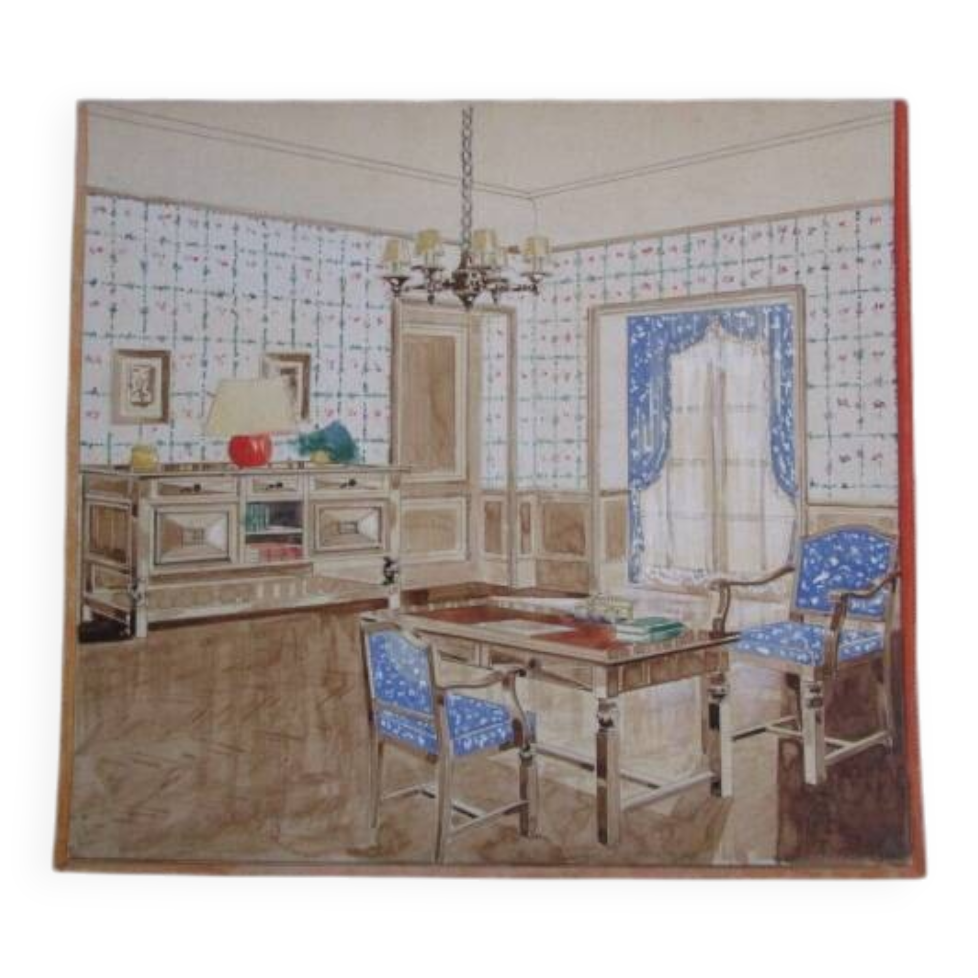 Original old watercolor - Interior architecture