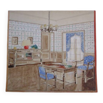 Aquarelle originale ancienne "Architecture intérieure"