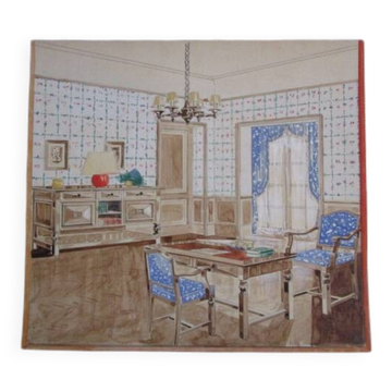 Original old watercolor - Interior architecture