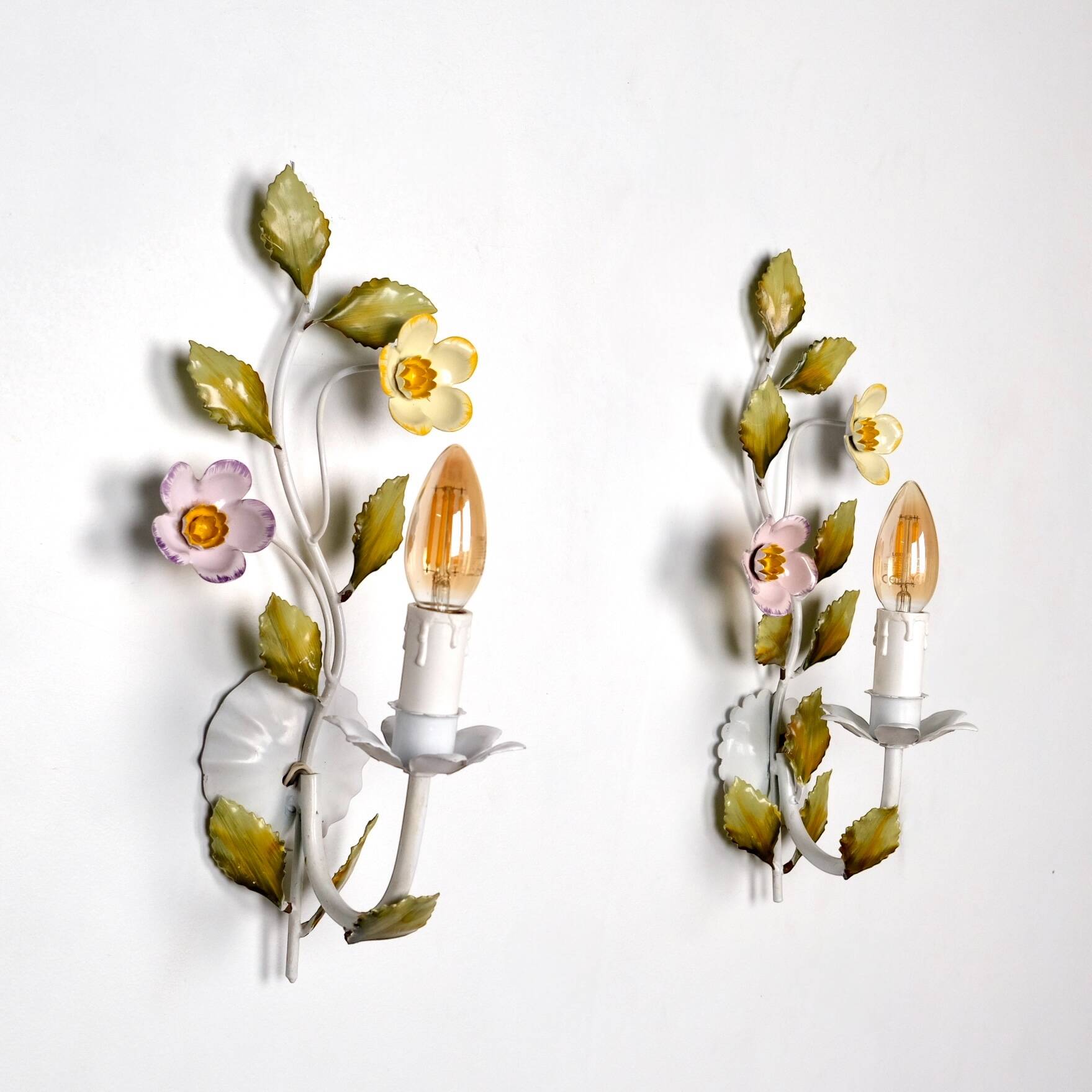 Pair of metal flower sconces, Italy, 1980s