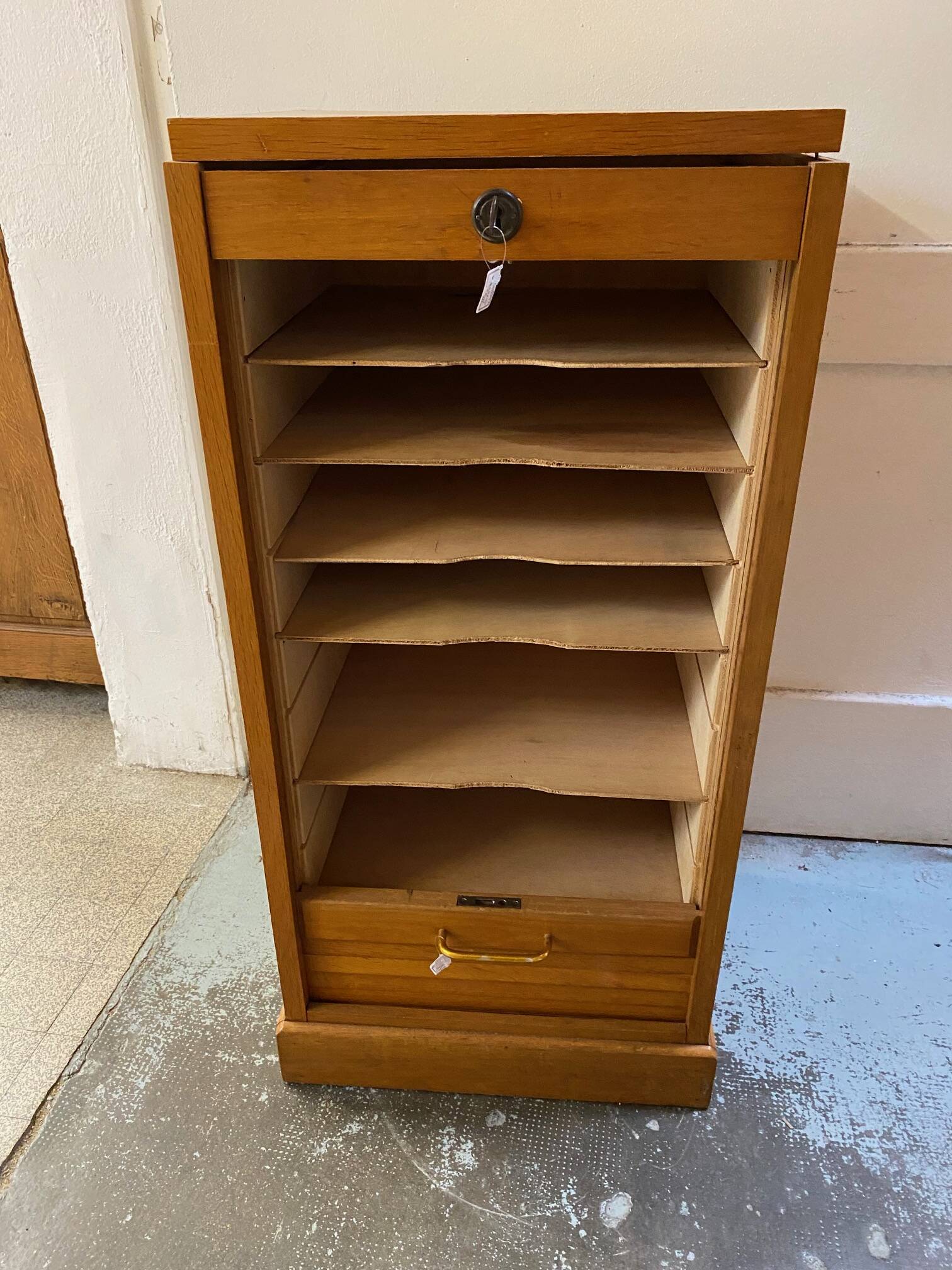 50s/60s light oak curtain filing cabinet low model with removable shelves