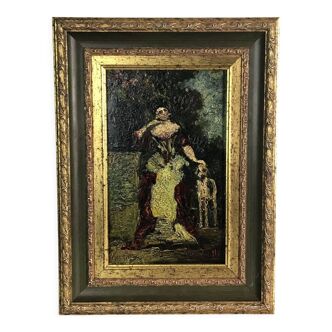 Tableau signé Adolphe Monticelli - Scène de parc - Femme et chien