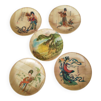 5 vintage bamboo plates