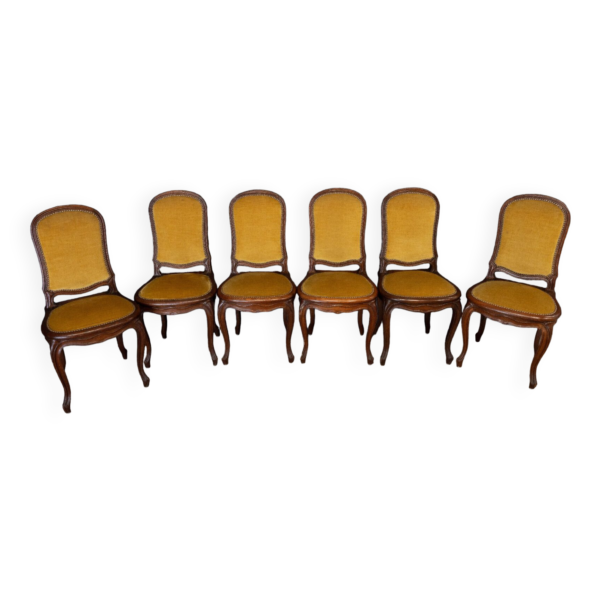 Suite of 6 Louis XV style chairs in walnut nineteenth yellow velvet