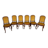 Suite of 6 Louis XV style chairs in walnut nineteenth yellow velvet