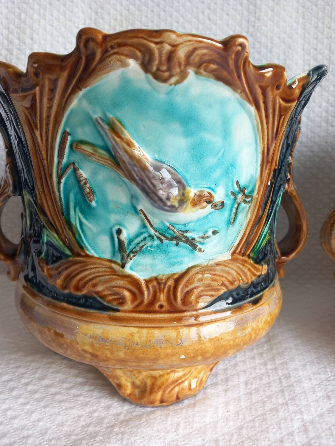 Pair of antique cache-pots in majolica – Art Nouveau 19th century