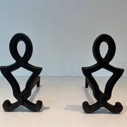 Pair of Cast Iron Chenets with Figurative Anthropomorphic Silhouette, by Raymon