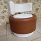 Barrel chair + 2 poufs Selac 1970s cognac and white faux leather