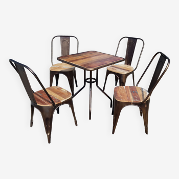 Table bistrot avec 4 chaises en métal et teck