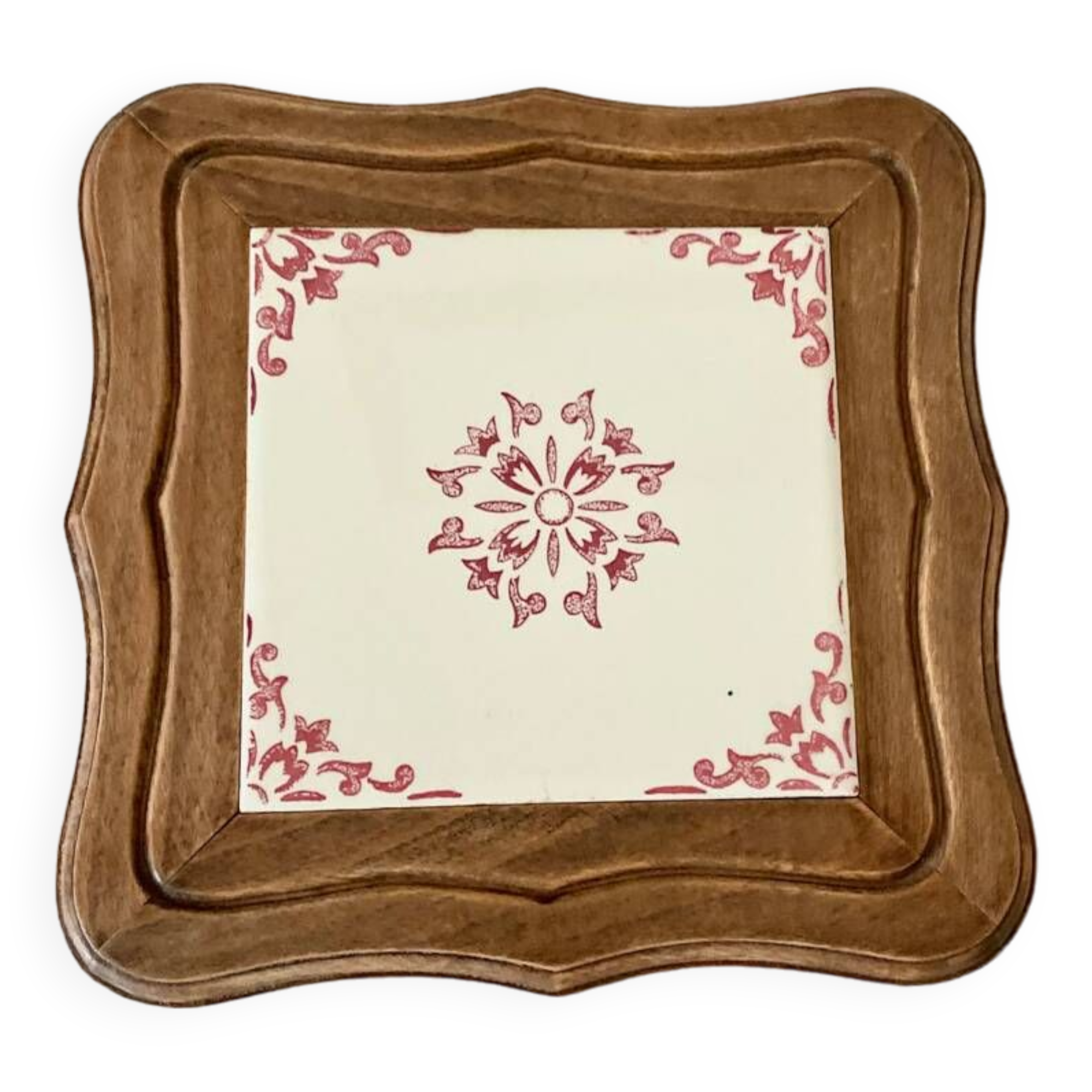 Dessous De Plat Ancien Bois Sculpté Avec Carreau Céramique – Décor Marron