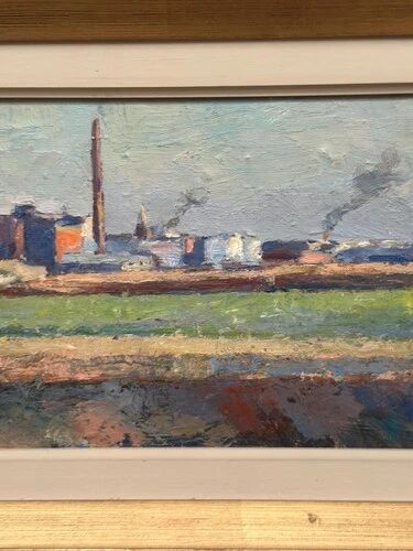 Swedish Oil on panel "Silhouette over Örebro" by HARRY THOMANDER, Framed 46x26cm