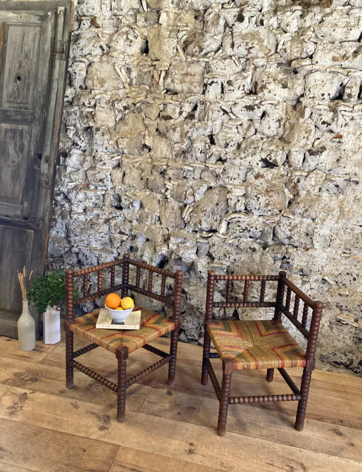 Pair of corner armchairs paillés in turned wood antique multicolored seat