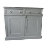 Buffet ancien sublimé en vert de gris, plateau bois.