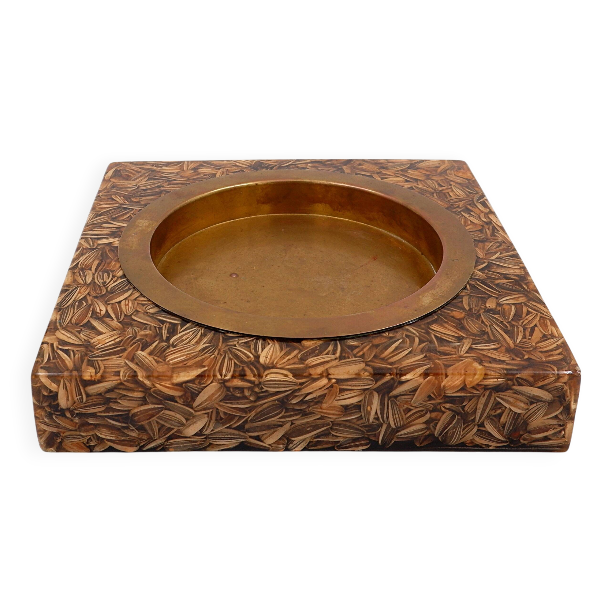 Large square brass and epoxy trinket tray with seed inclusions