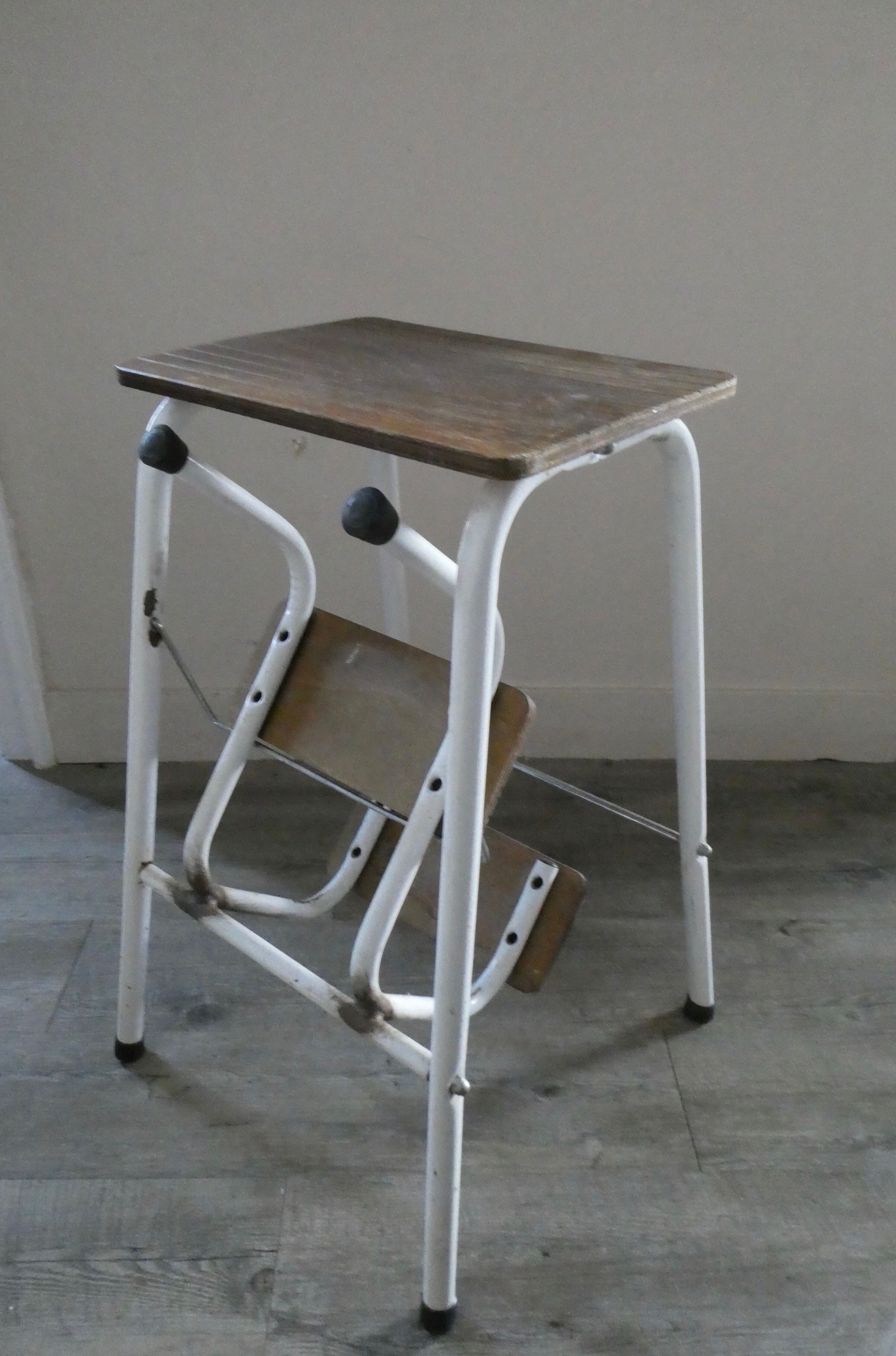 Stool step stool with 3 steps in wood and metal, 1960s