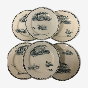 6 assiettes plates Terre de fer Creil et Montereau modèle marine