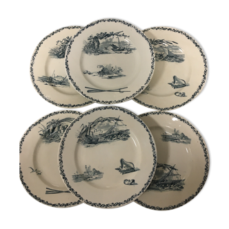 6 flat plates Terre de fer Creil and Montereau marine model