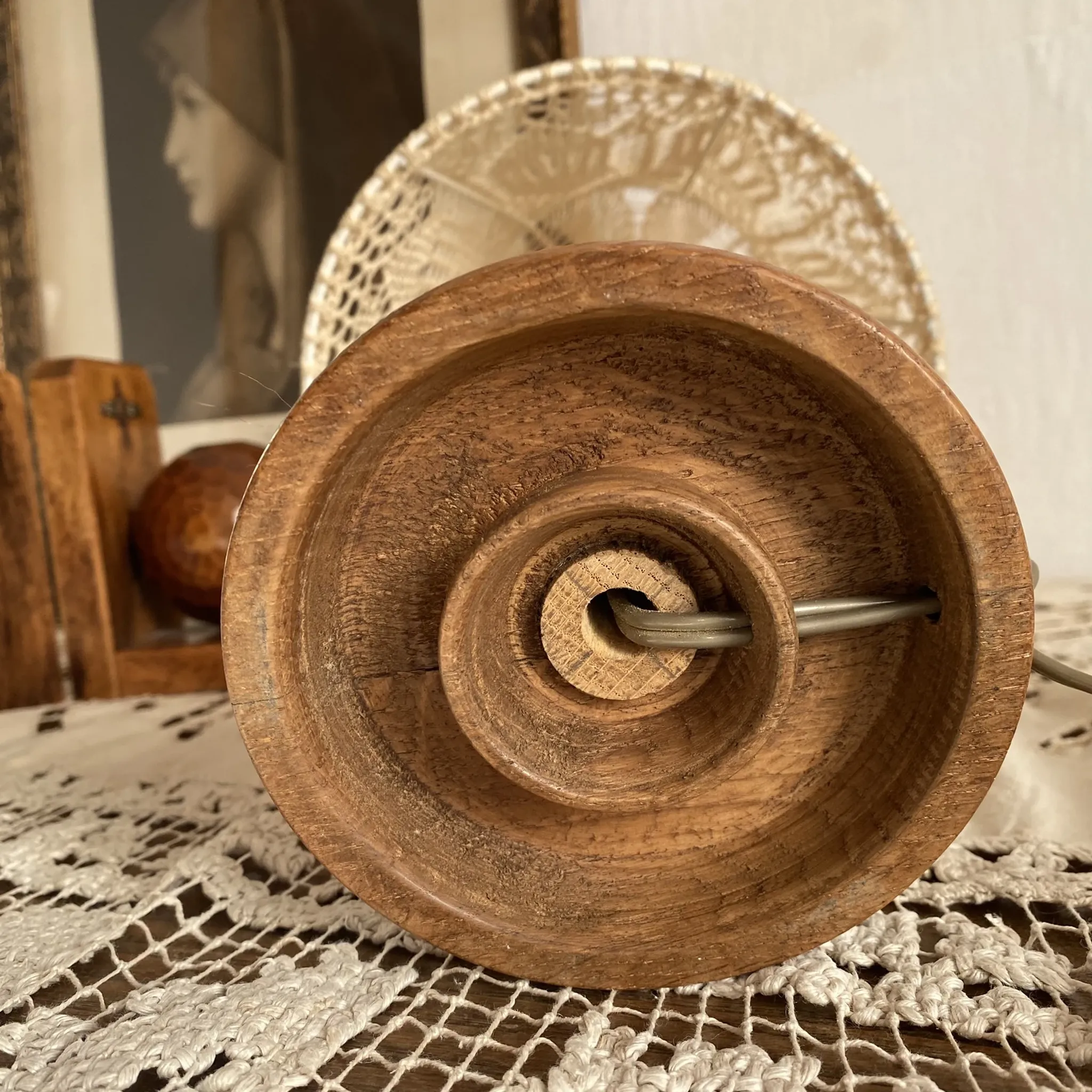 Wooden turned bedside lamp with lace