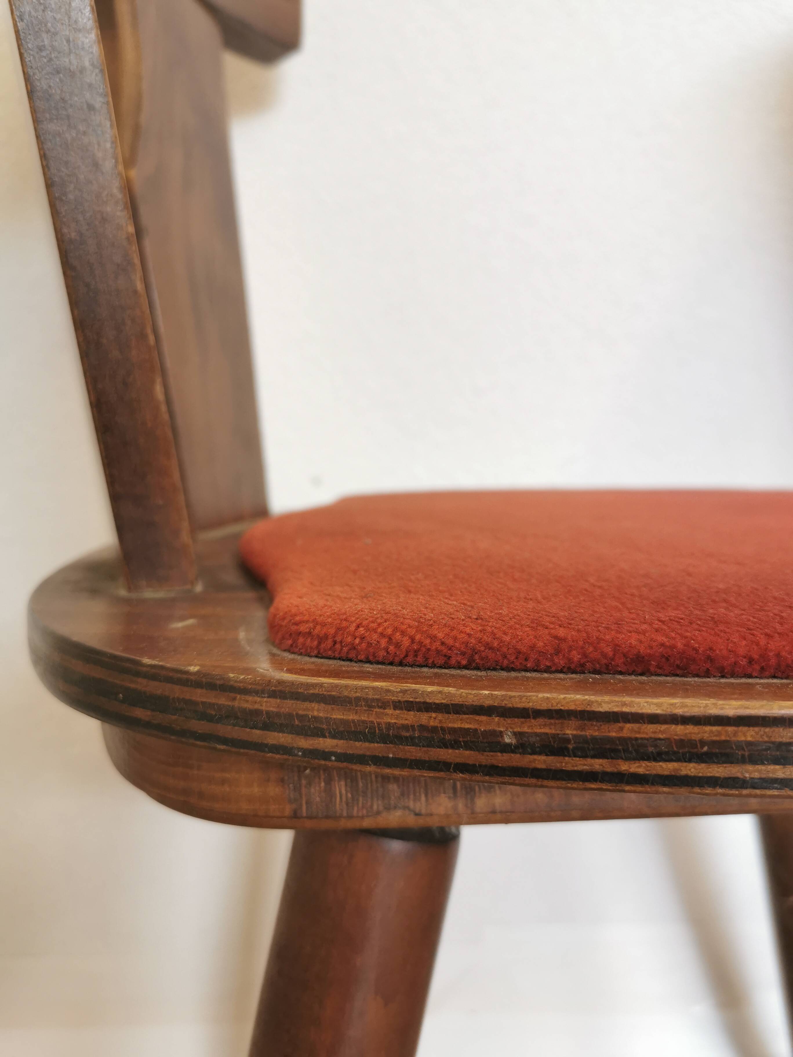 Vintage Tyrolean Dining Chairs: Set of 4, Red Fabric Seat, 1970s