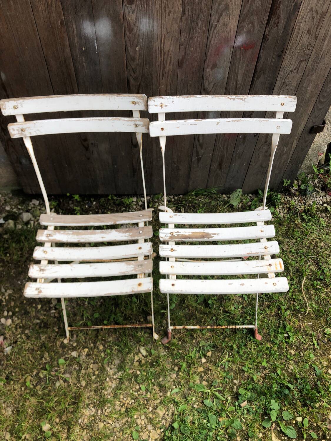 Pair of vintage white metal & wood folding garden chairs