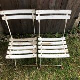 Paire de chaise pliante de jardin en métal & bois blanc vintage