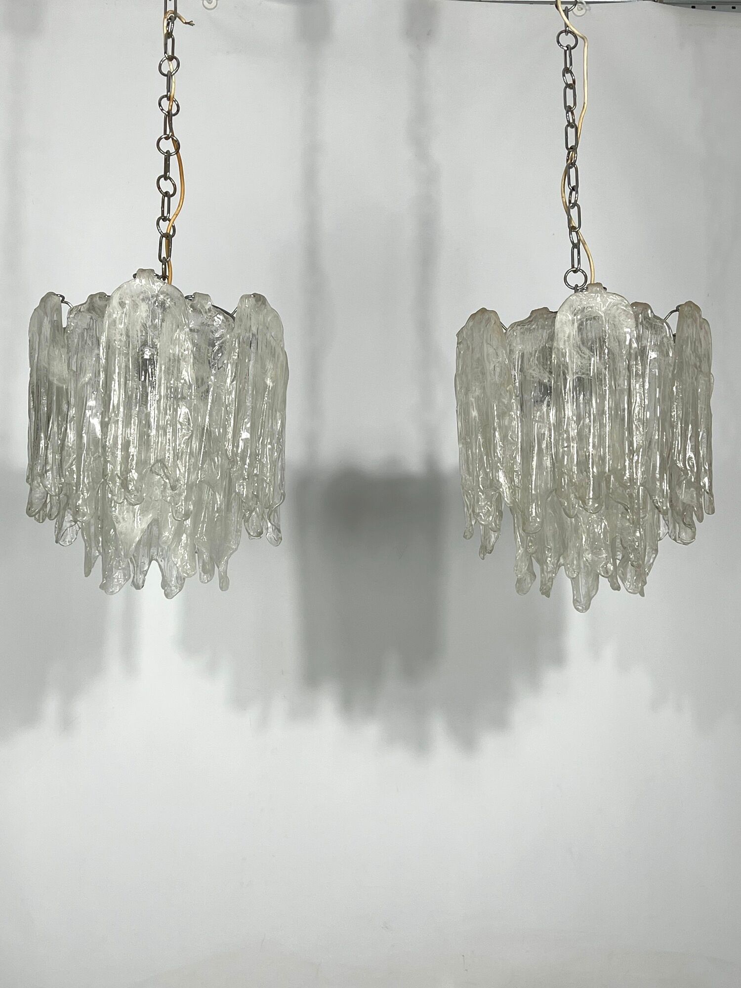 Mazzega Ice glass, pair of vintage murano chandeliers from 70s