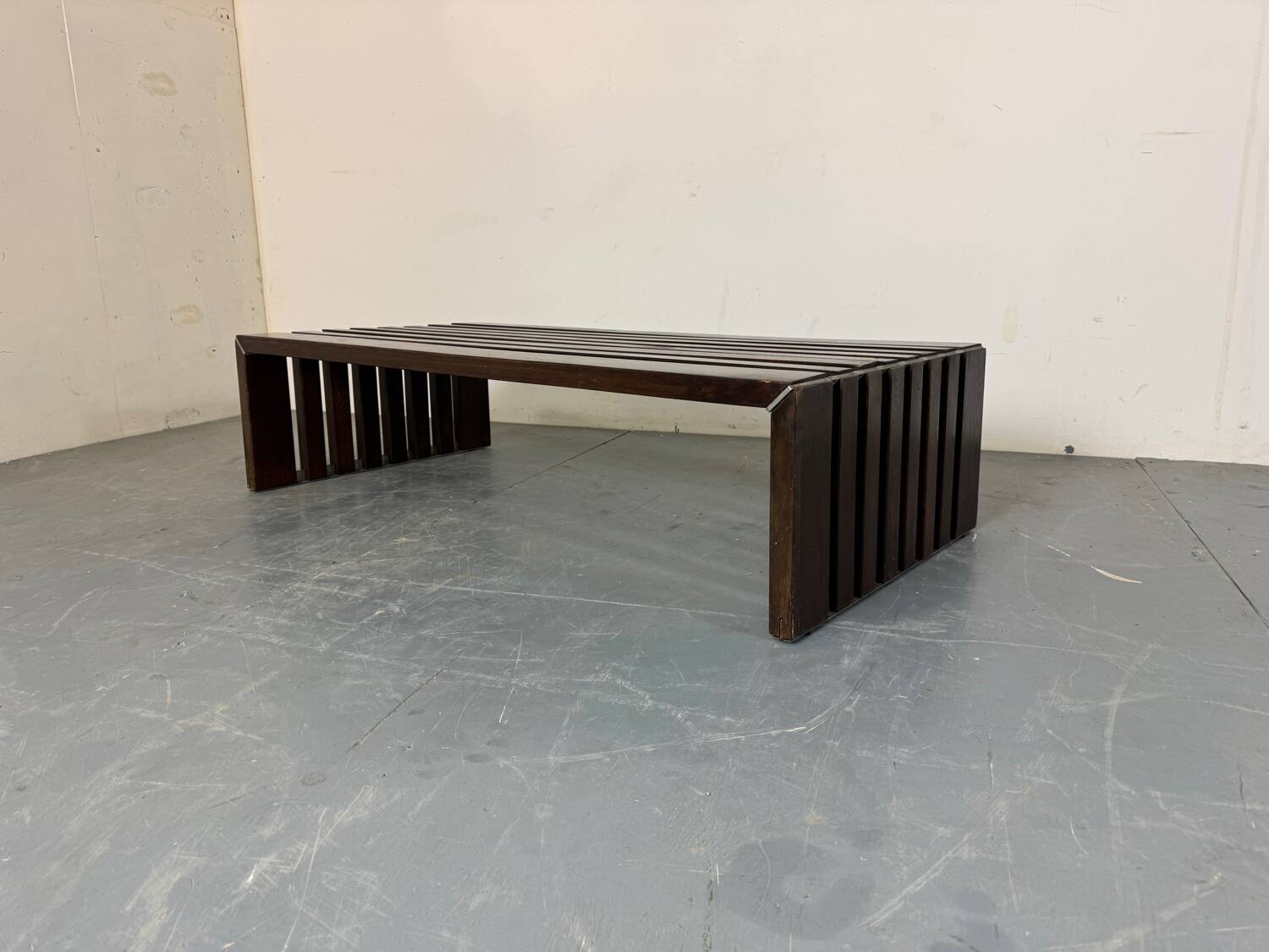 Mid Century Modernist wood and metal Slatted Bench Coffee Table