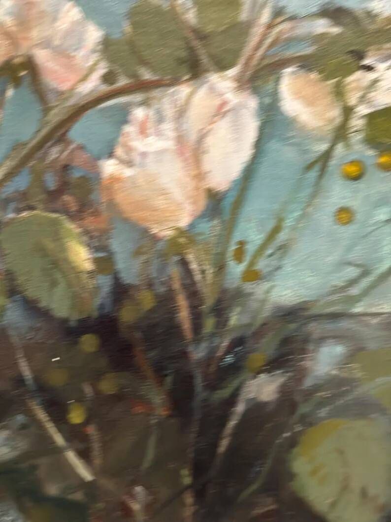 Original Swedish Oil on Canvas – “White Flowers” by M. Jakobsson – Signed – Vintage & Framed – 46 × 44 cm (18.1" × 17.3")