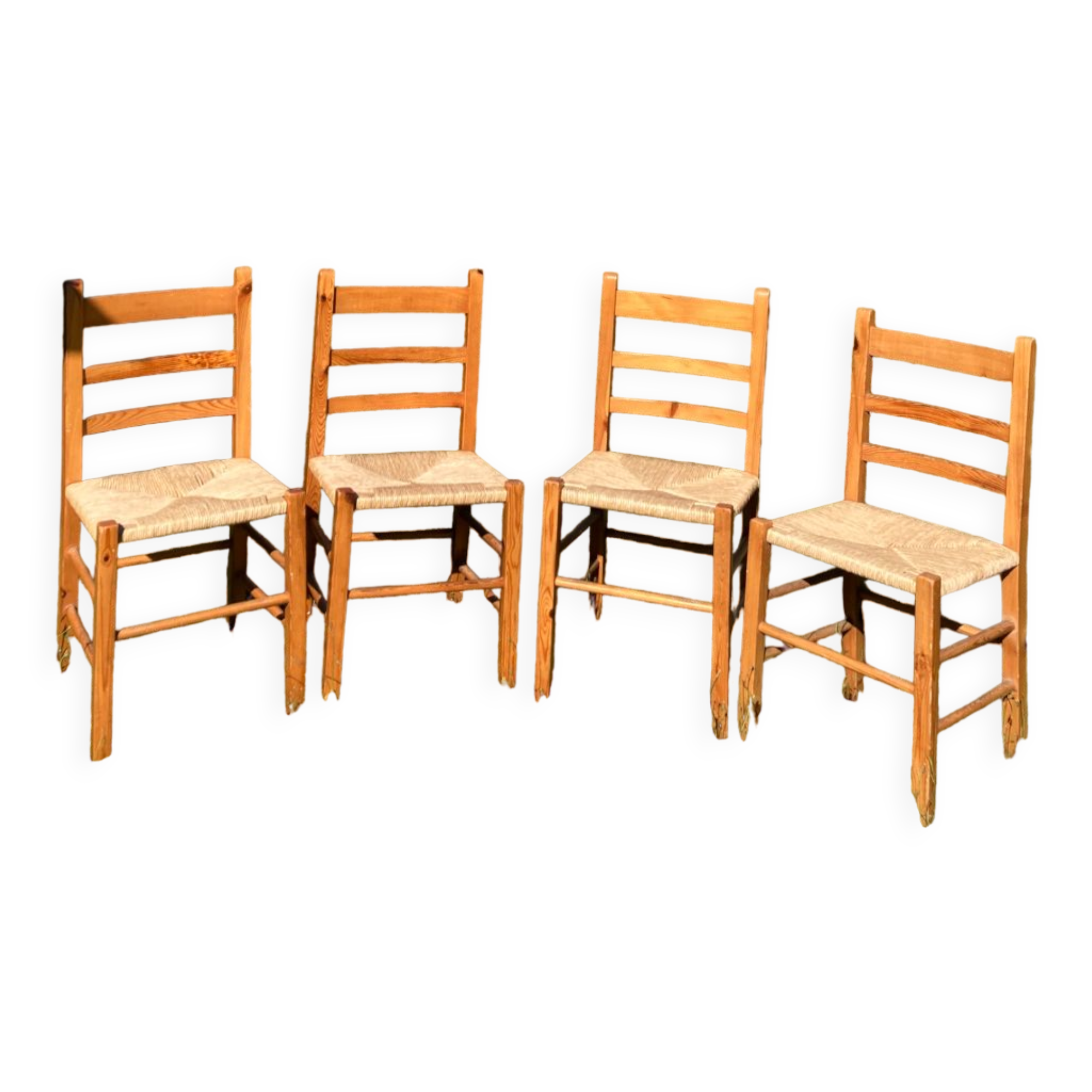 4 straw chairs in vintage pine wood 1980 1990