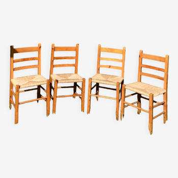 4 straw chairs in vintage pine wood 1980 1990