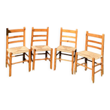 4 straw chairs in vintage pine wood 1980 1990